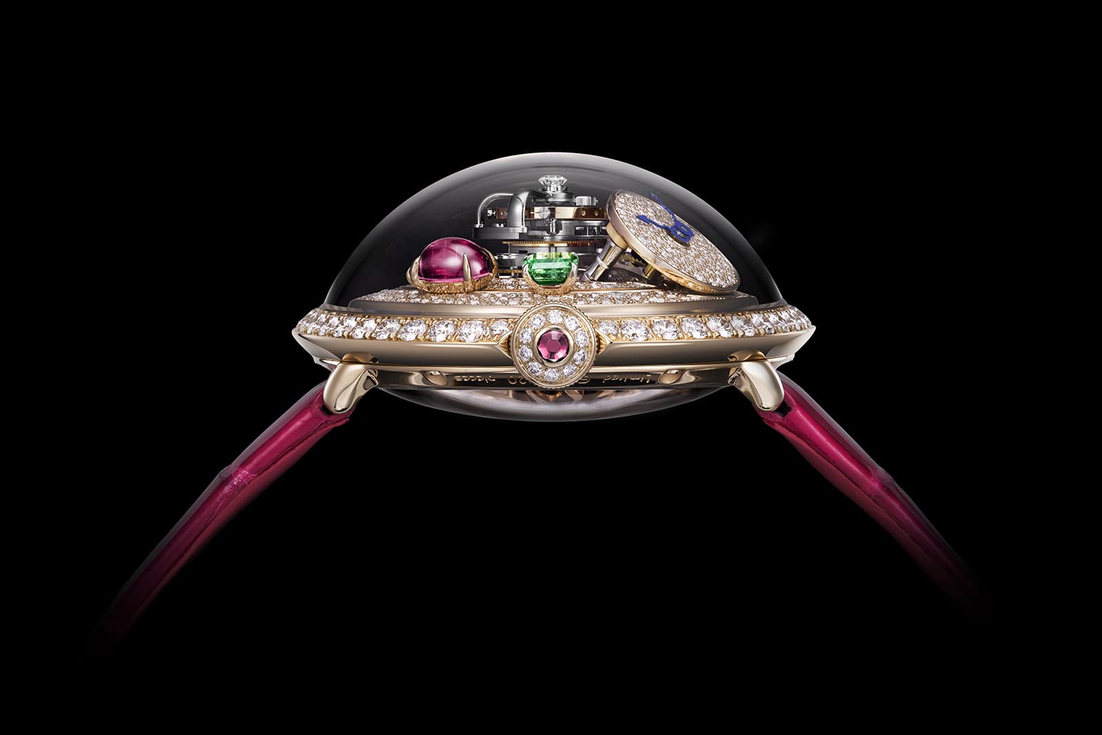  A side-view of the MB&F x Bulgari LM Flying T Allegra watch in 18k rose gold featuring a bespoke tourbillon movement with a 100-hour power reserve