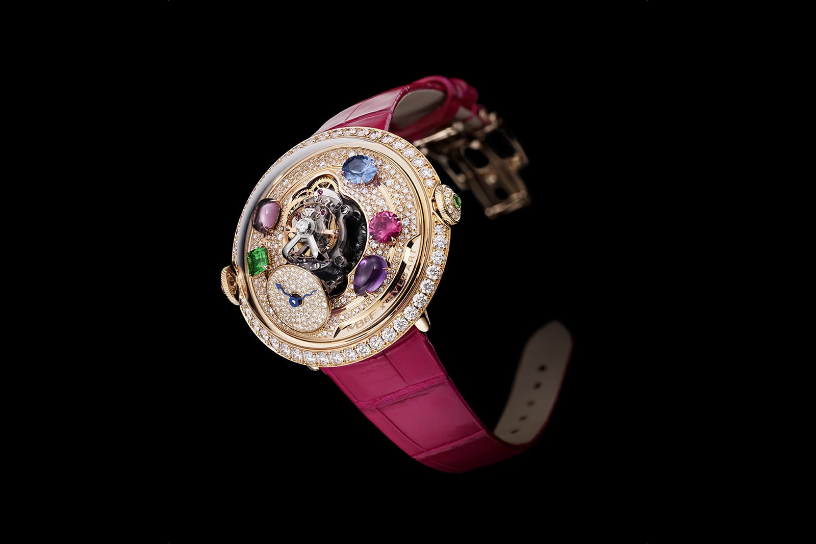  The decorative dial of the MB&F x Bulgari LM Flying T Allegra watch in 18k rose gold with coloured gemstones and diamonds 