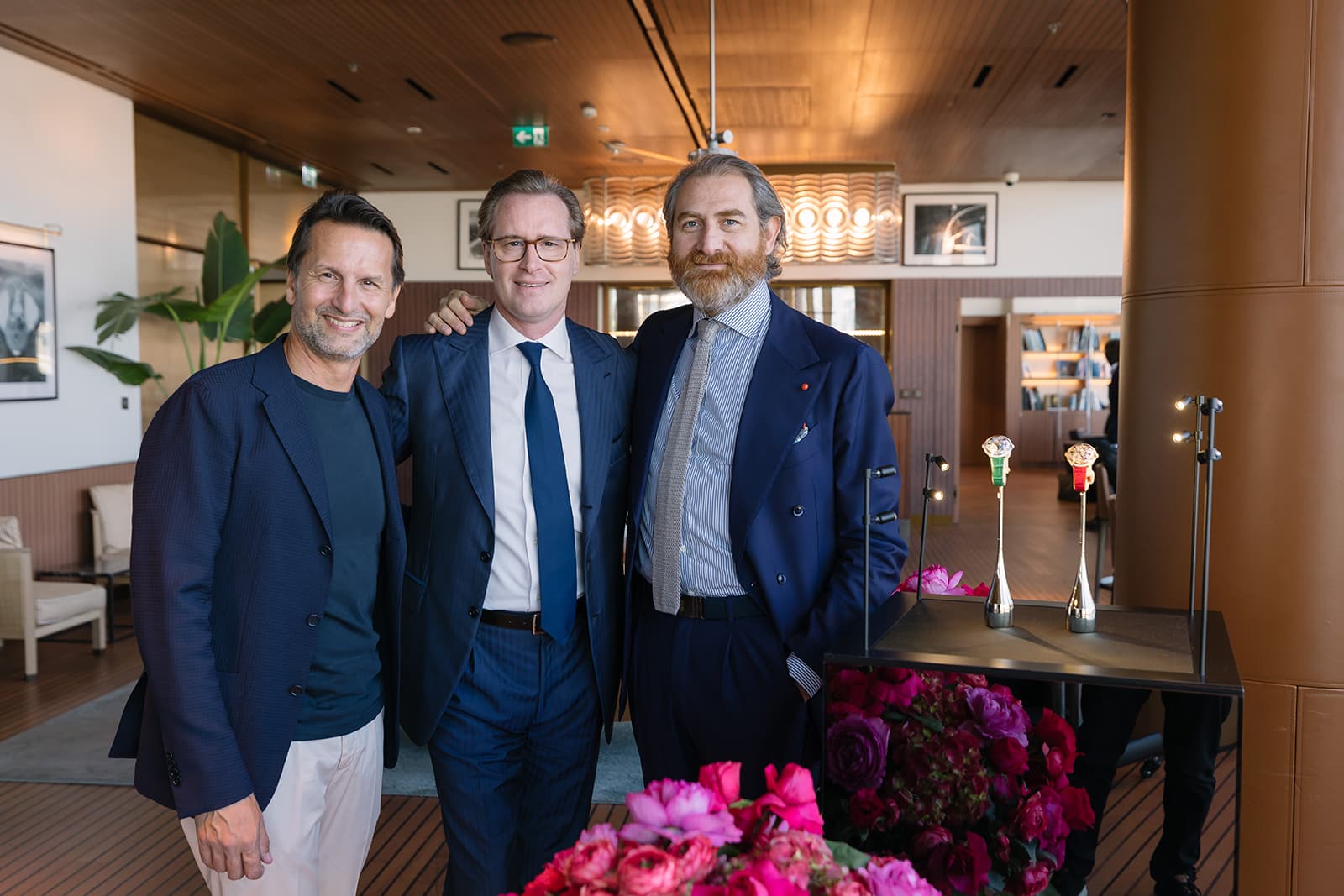 From left to right: Maximilian Büsser, Founder of MB&F, Vincent Reynes, Managing Director MEA region at Bulgari, and Fabrizio Buonamassa Stigliani, chief watch designer at Bulgari