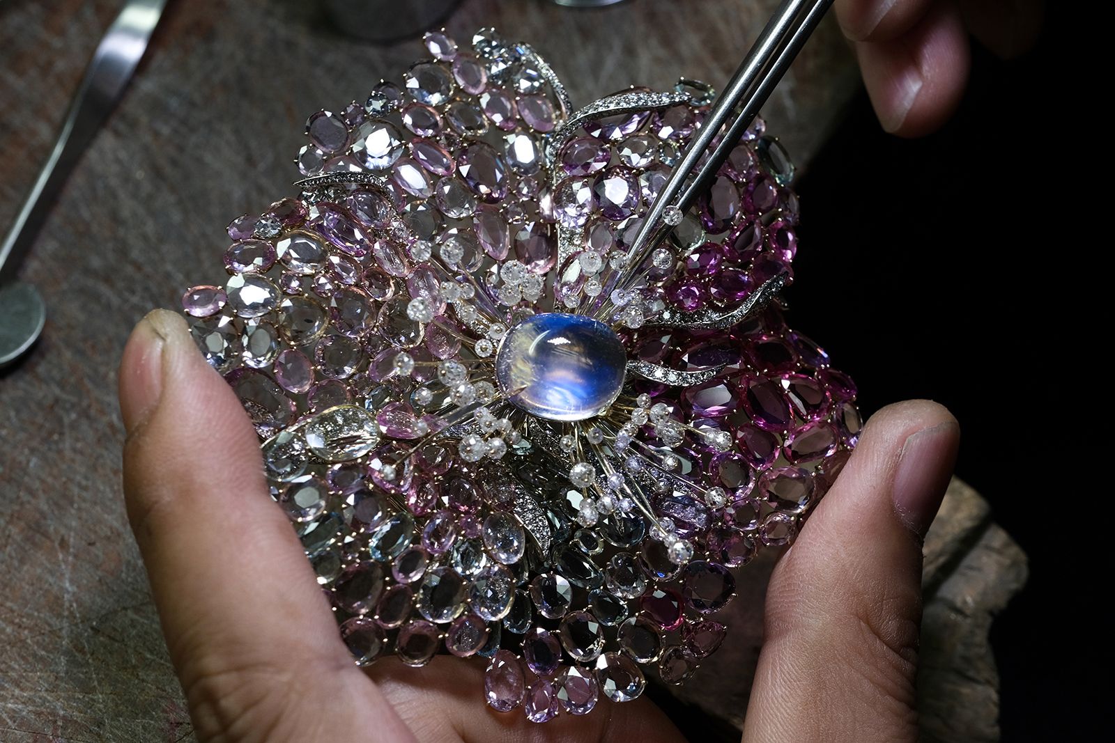  Placing a 16.3 carat moonstone at the heart of the Feng J ‘Icy Pink Dahlia’ brooch with double rose-cut pink sapphires, tanzanites and diamonds in 18k gold