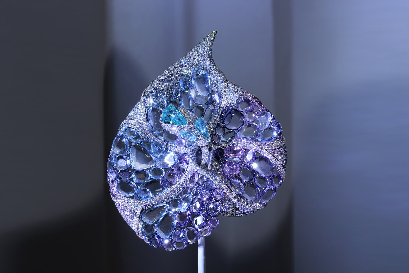  Feng J Anthurium creation with purple, blue and lilac 'Floating Set' double rose-cut gemstones
