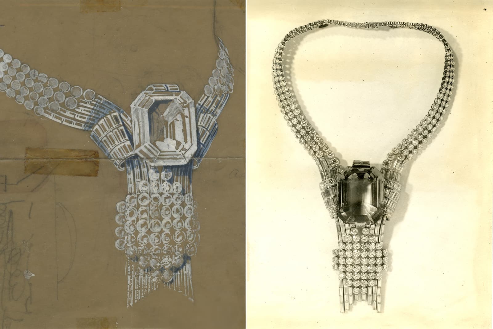 The original sketch of the Tiffany & Co. World's Fair necklace from 1939, which was set with an aquamarine centre stone and diamonds