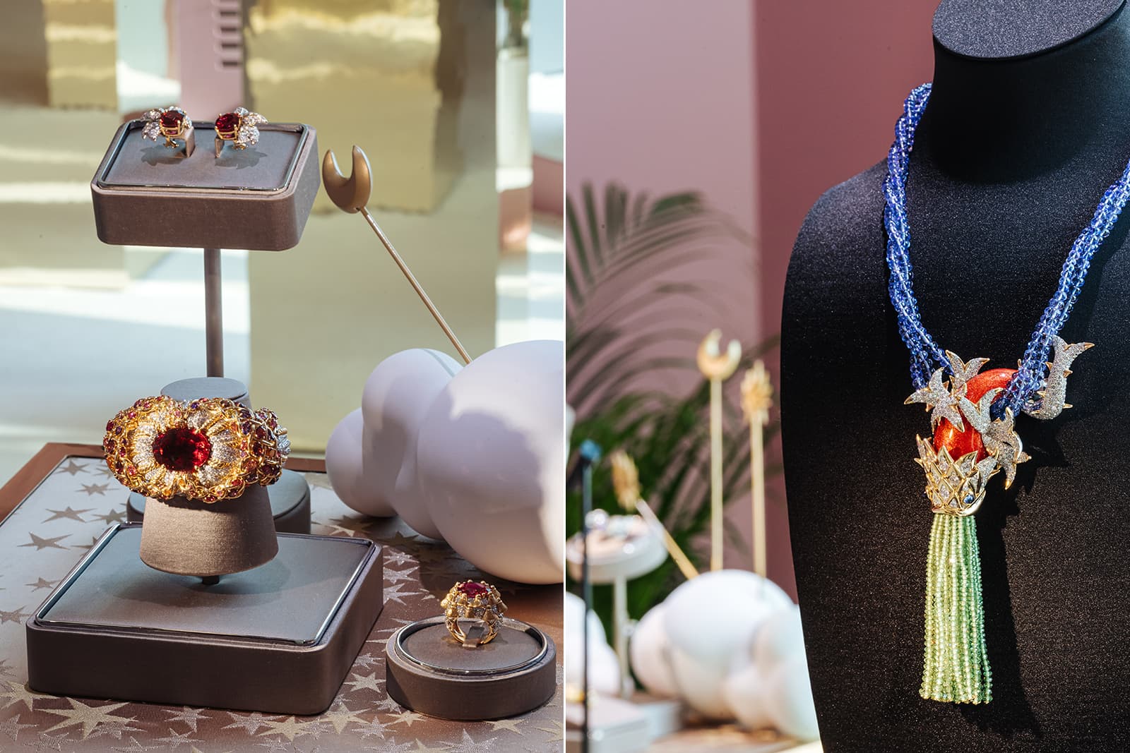 Tiffany & Co. high jewellery pieces on display within a dedication exhibition space at the Dubai Expo 2020