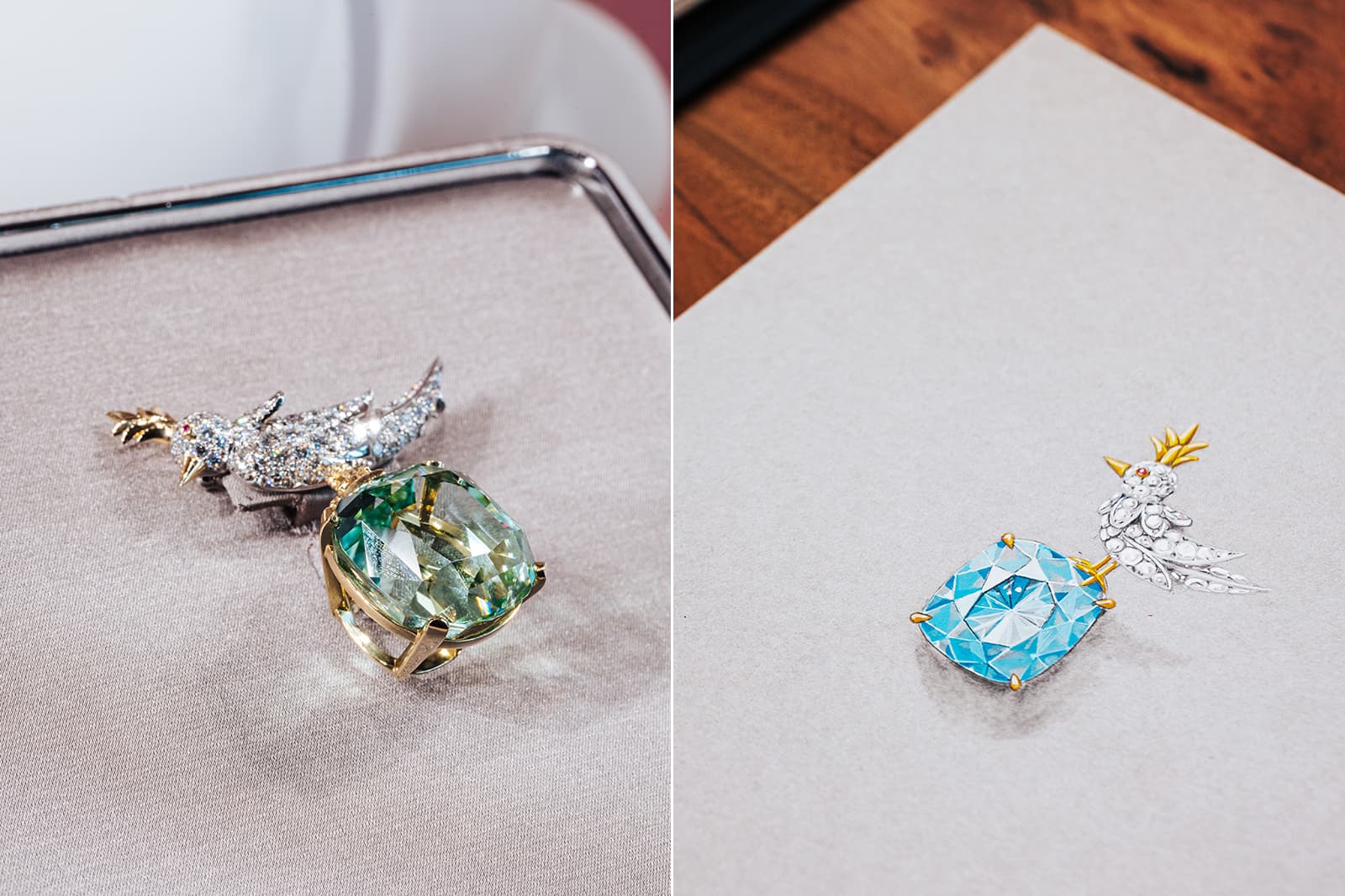 A pendant brooch design by Tiffany & Co. both in sketch form and brought to life with diamonds and coloured gemstones 