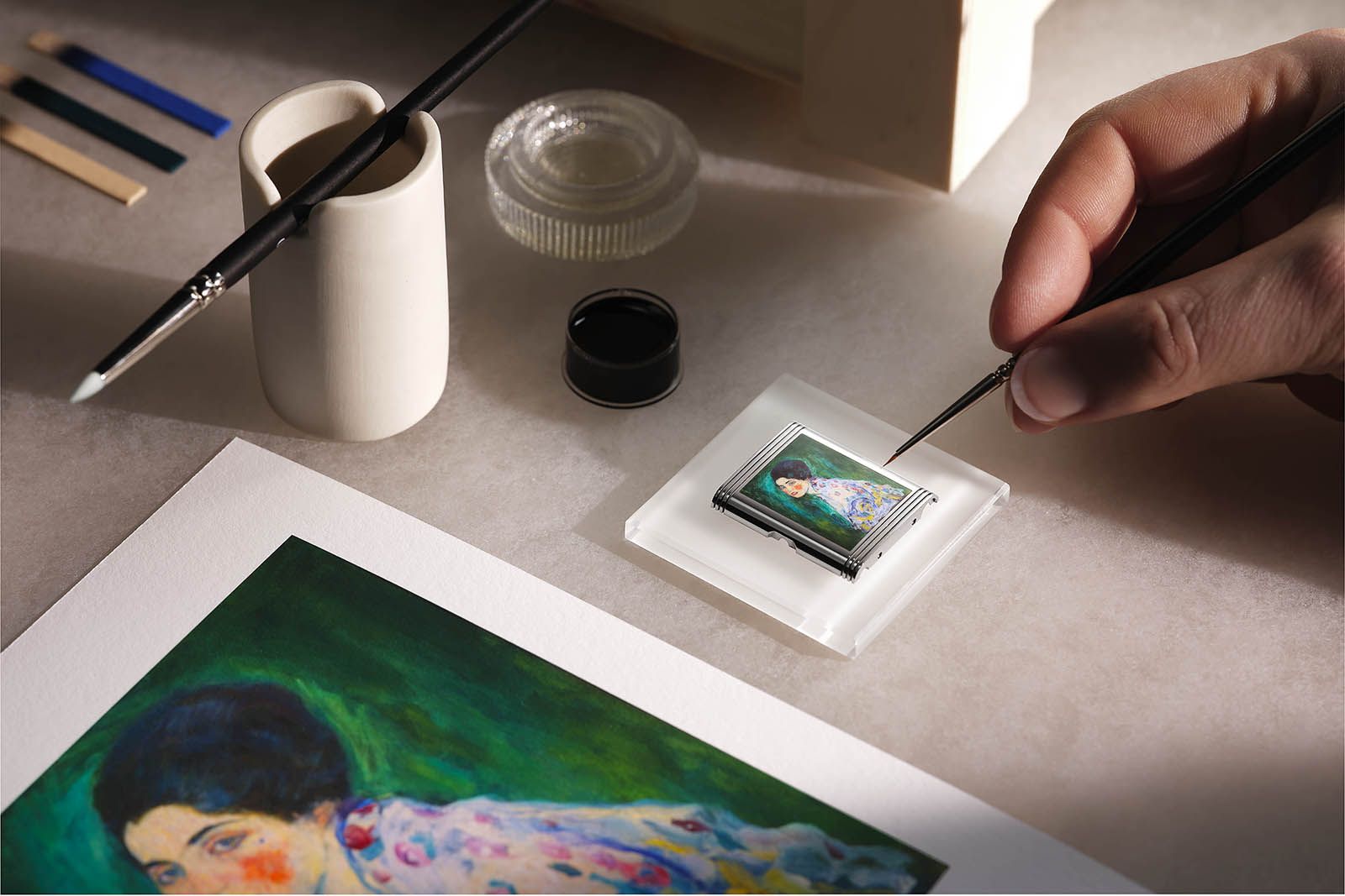 Jaeger-LeCoultre’s master enamellers carefully recreated Gustav Klimt’s ‘Portrait of a Lady’ to create this Reverso Tribute Enamel Hidden Treasures watch
