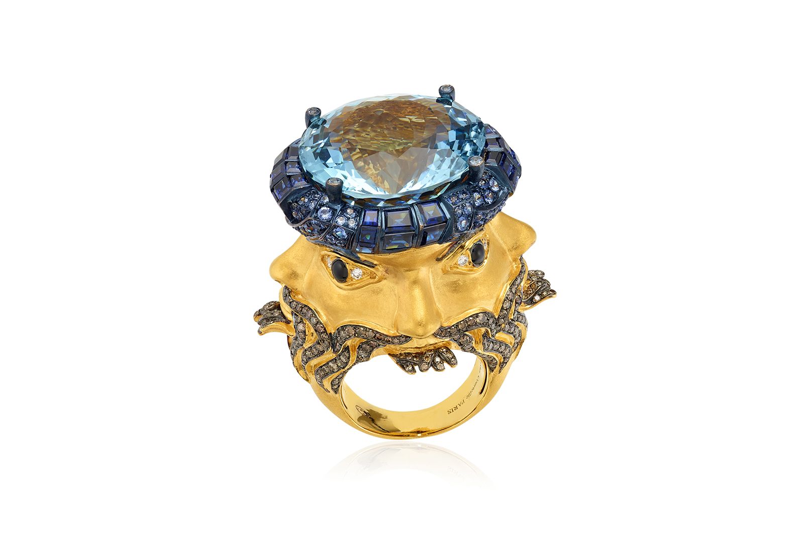  American theatre producer Jordan Roth wore this Lydia Courteille 4 Faces Caravan ring, set with a large aquamarine, to the Met Gala 2021