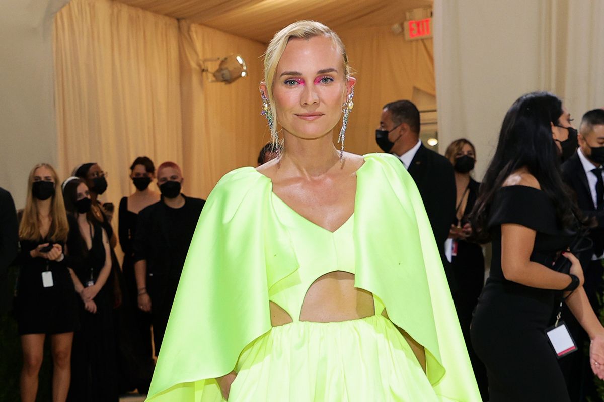 Actress Diane Kruger in the Tasaki Iridescent earrings with South Sea pearls, sapphires, rubies and grossular garnet on the red carpet at the Met Gala