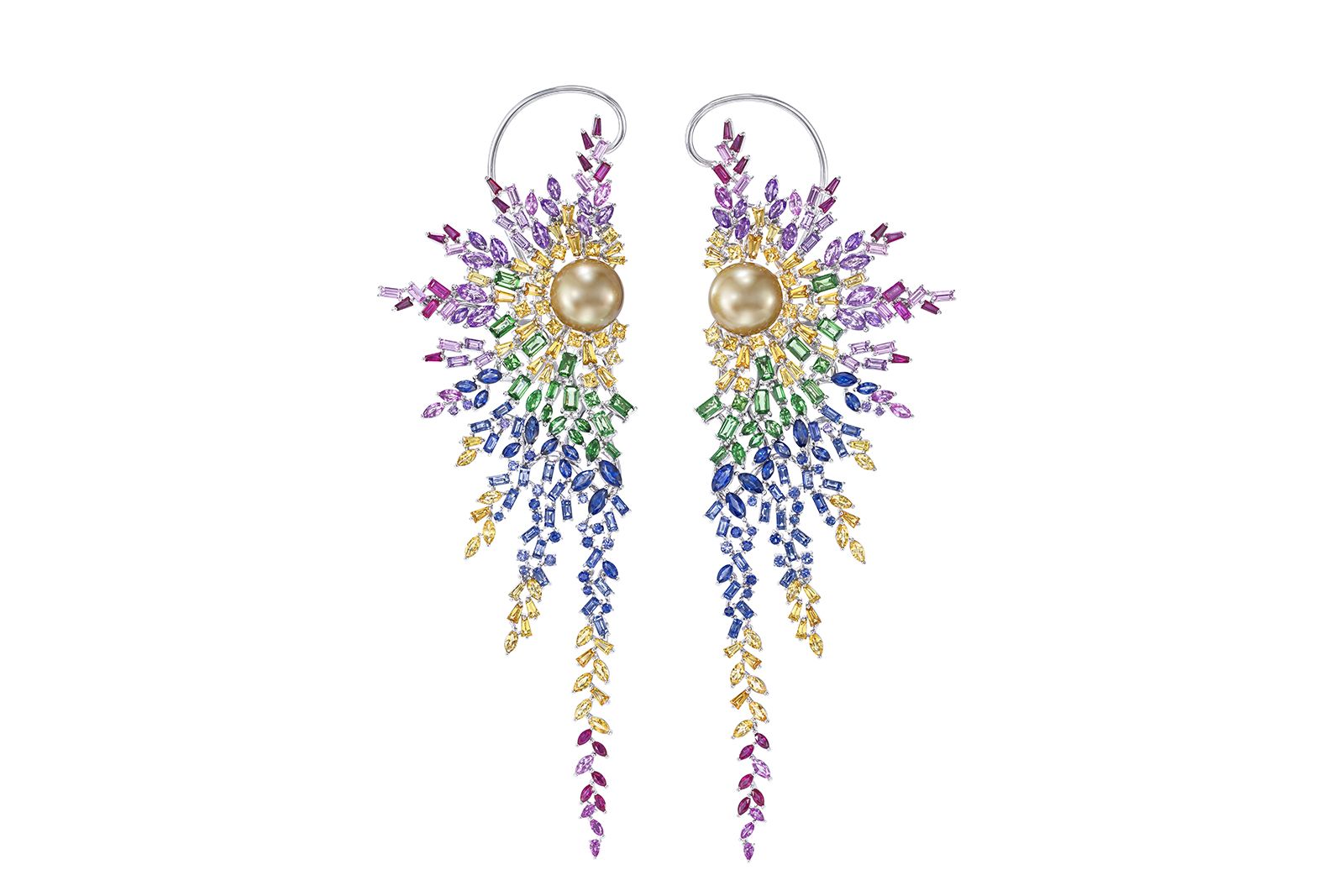  Tasaki Iridescent earrings with South Sea pearls, sapphires, rubies and grossular garnet 