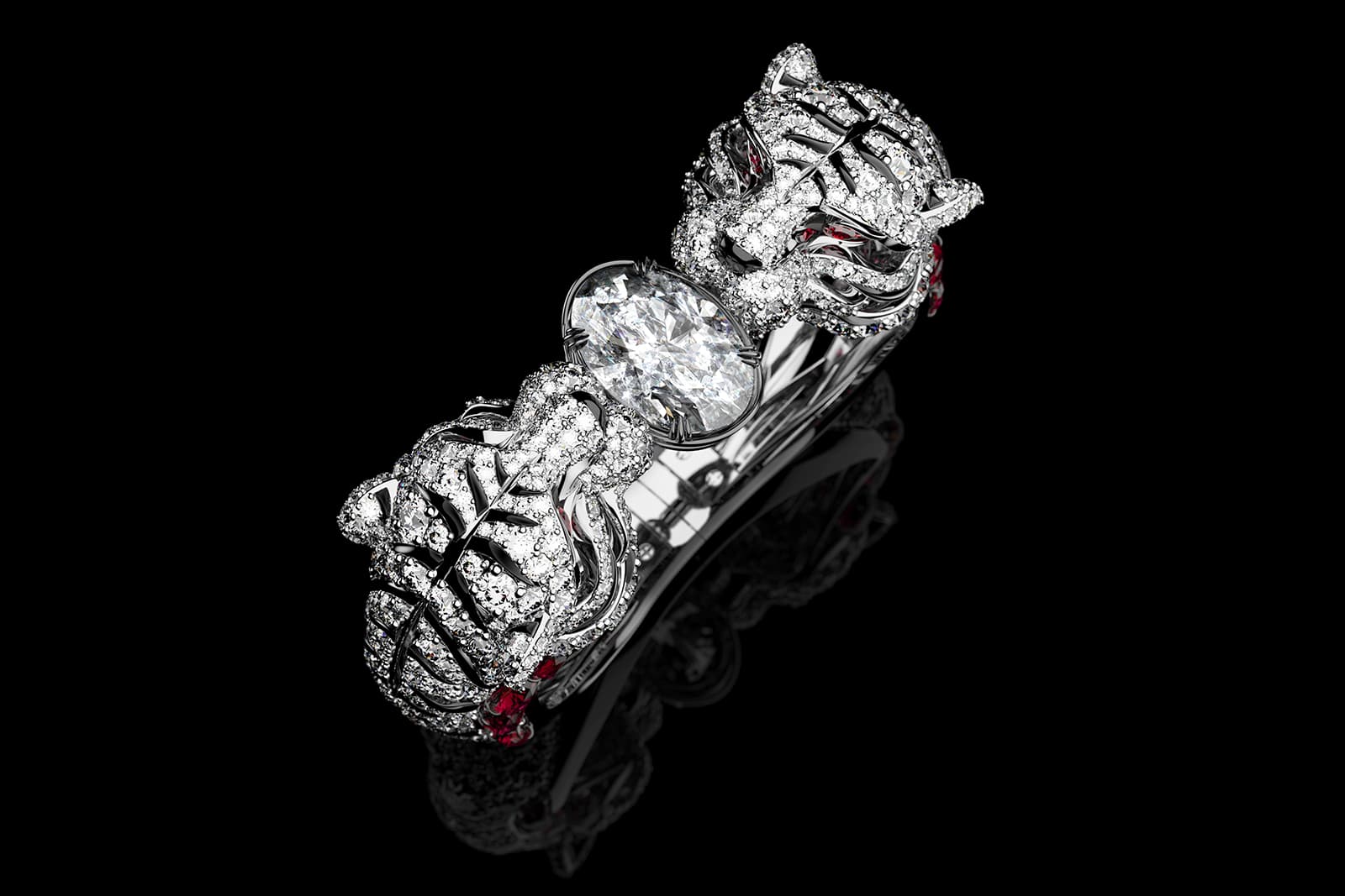 Ming Song Haute Joaillerie Le Tigre Blanc bracelet with a 10.51ct oval-cut diamond, Burmese rubies, diamonds, onyx and ruby eyes, created by Dennis Song