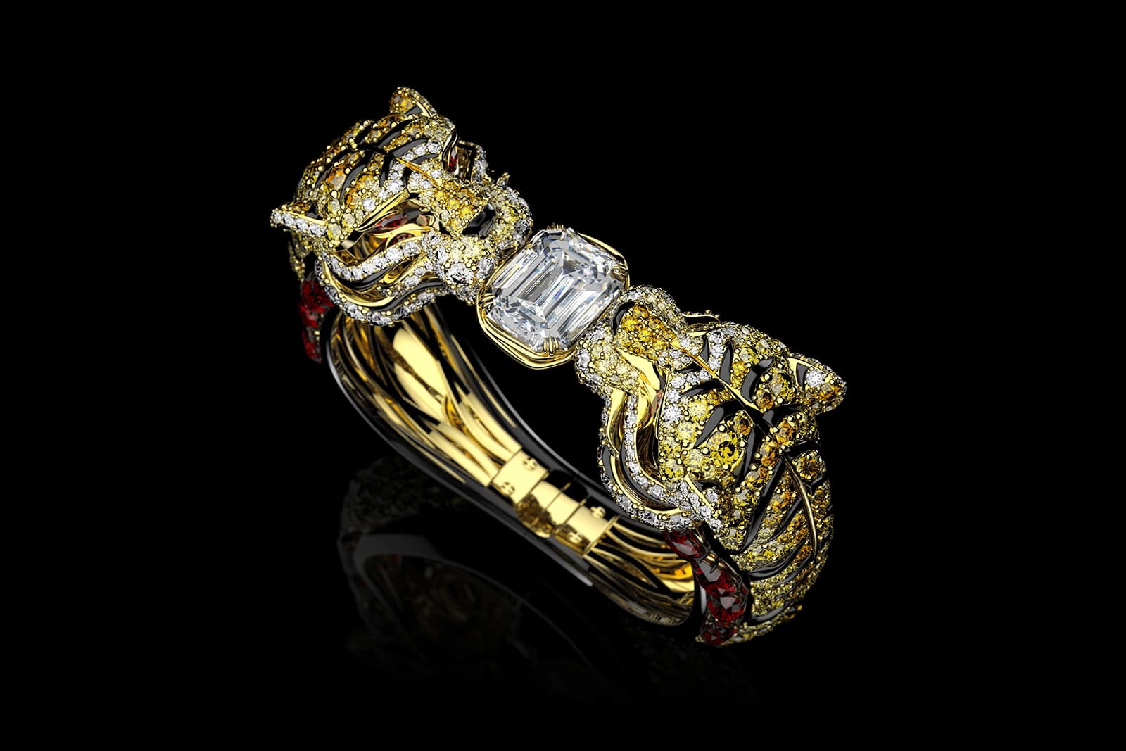  Ming Song Haute Joaillerie Le Tigre Doré bracelet with a 10.34ct emerald-cut diamond, Burmese rubies, brown, orange and yellow diamonds, onyx, ruby eyes and brilliant-cut diamonds, created by Dennis Song