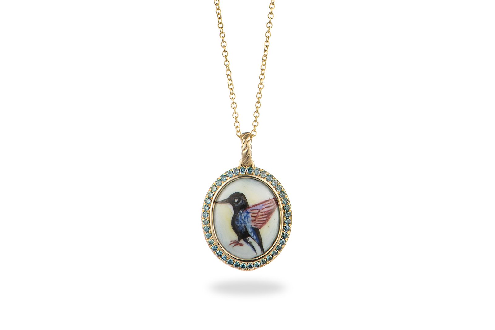 Penelope Fine Jewellery hand painted hummingbird pendant from the Meanings Collection