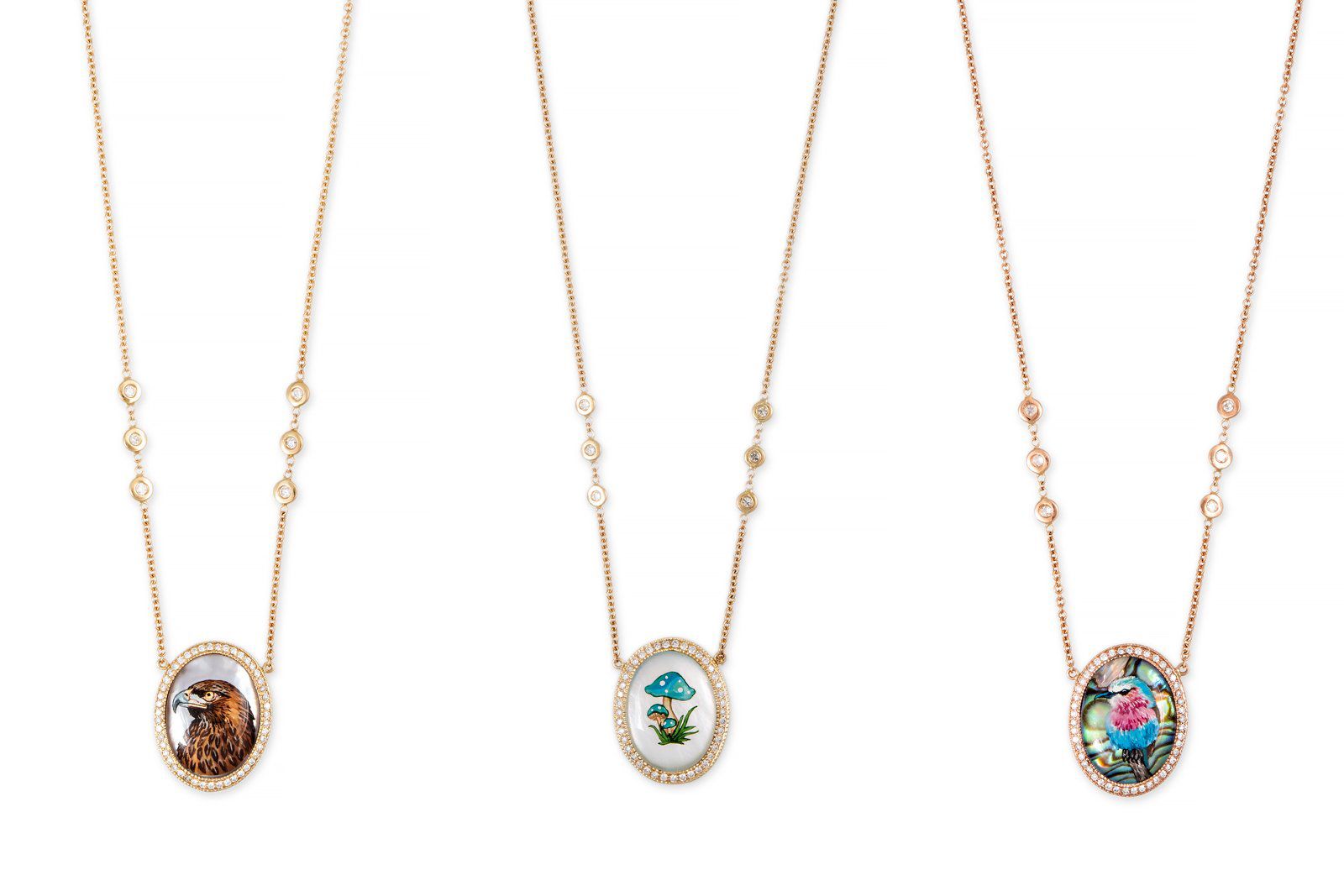  Jacquie Aiche hand painted mother of pearl pendants in 14k gold and diamonds