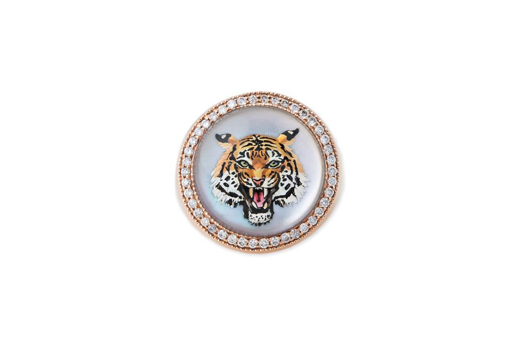  Jacquie Aiche hand painted tiger on mother of pearl signet ring with diamonds in 14K gold 