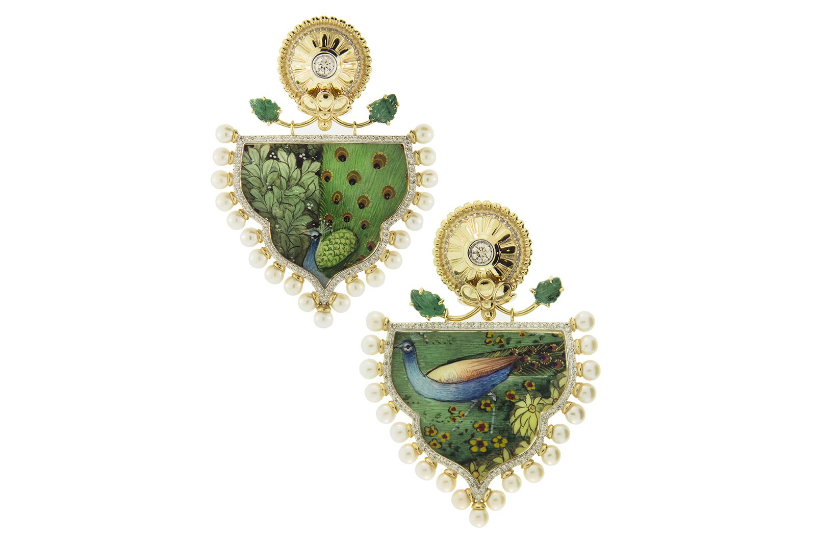 Silvia Furmanovich hand painted peacock earrings with pearls
