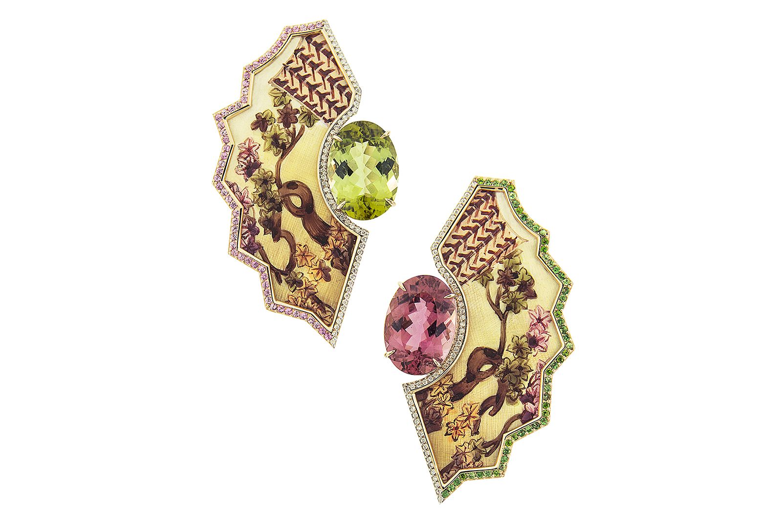  Silvia Furmanovich hand painted earrings with asymmetric oval-shaped gemstones