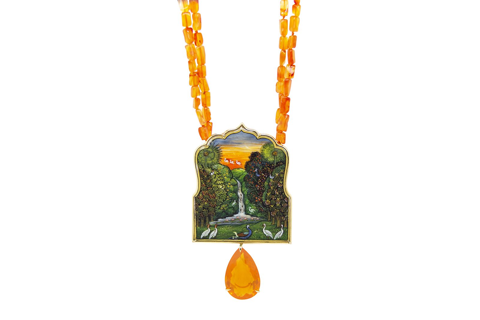 Silvia Furmanovich miniature painting waterfall necklace with carnelian beads and a fire opal drop