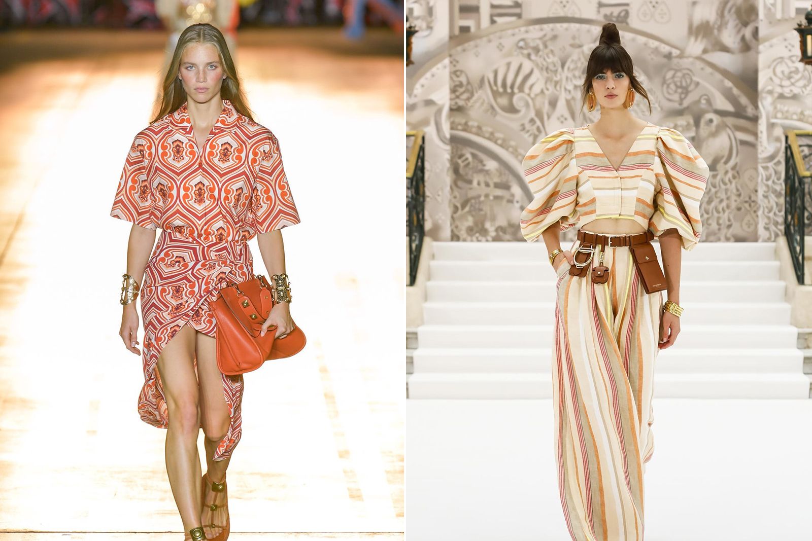  Models at Etro (left) and Paul Costello wearing cuff bracelets at the SS22 shows