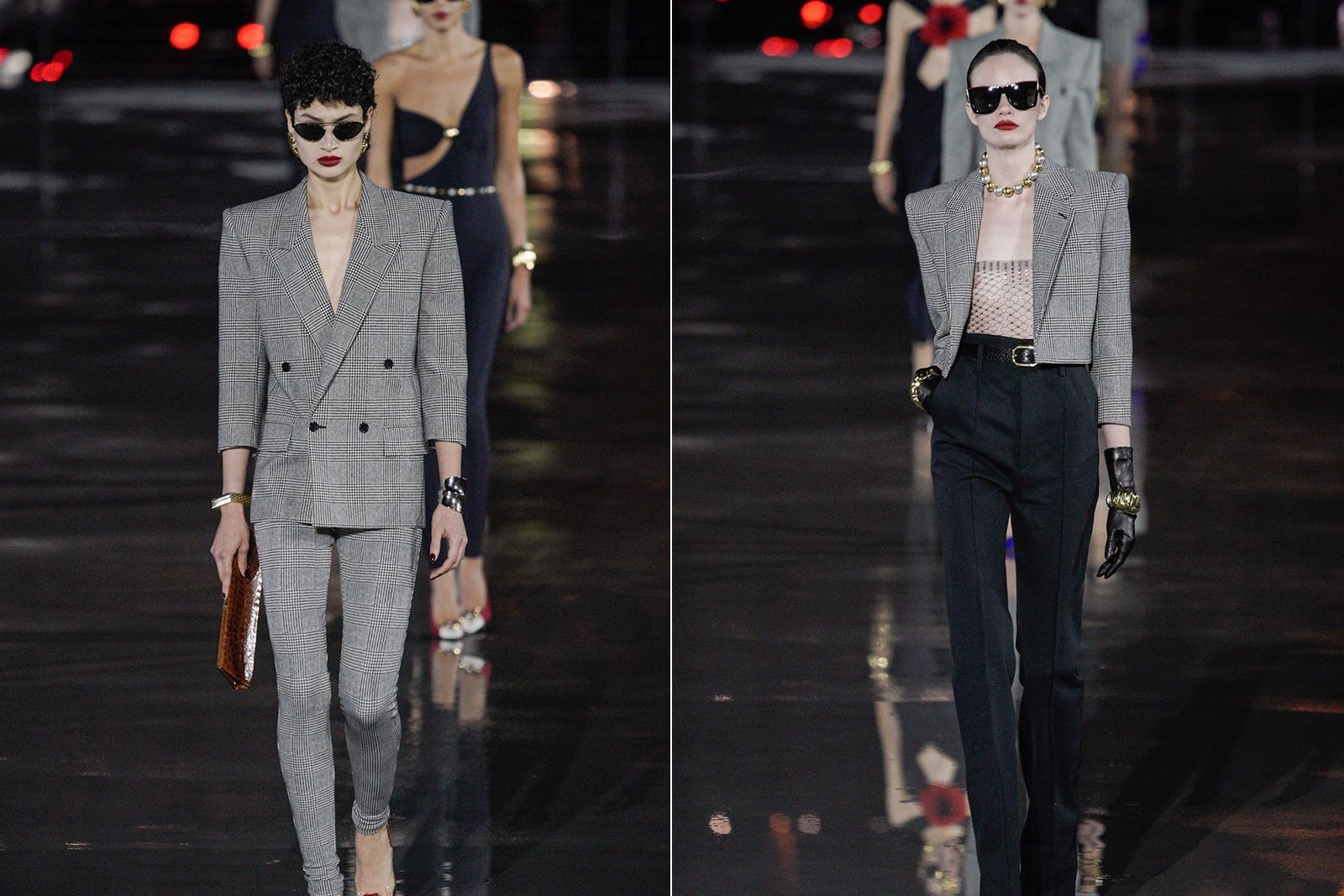  Matching and asymetric cuff bracelets on the runway at Saint Laurent for SS22
