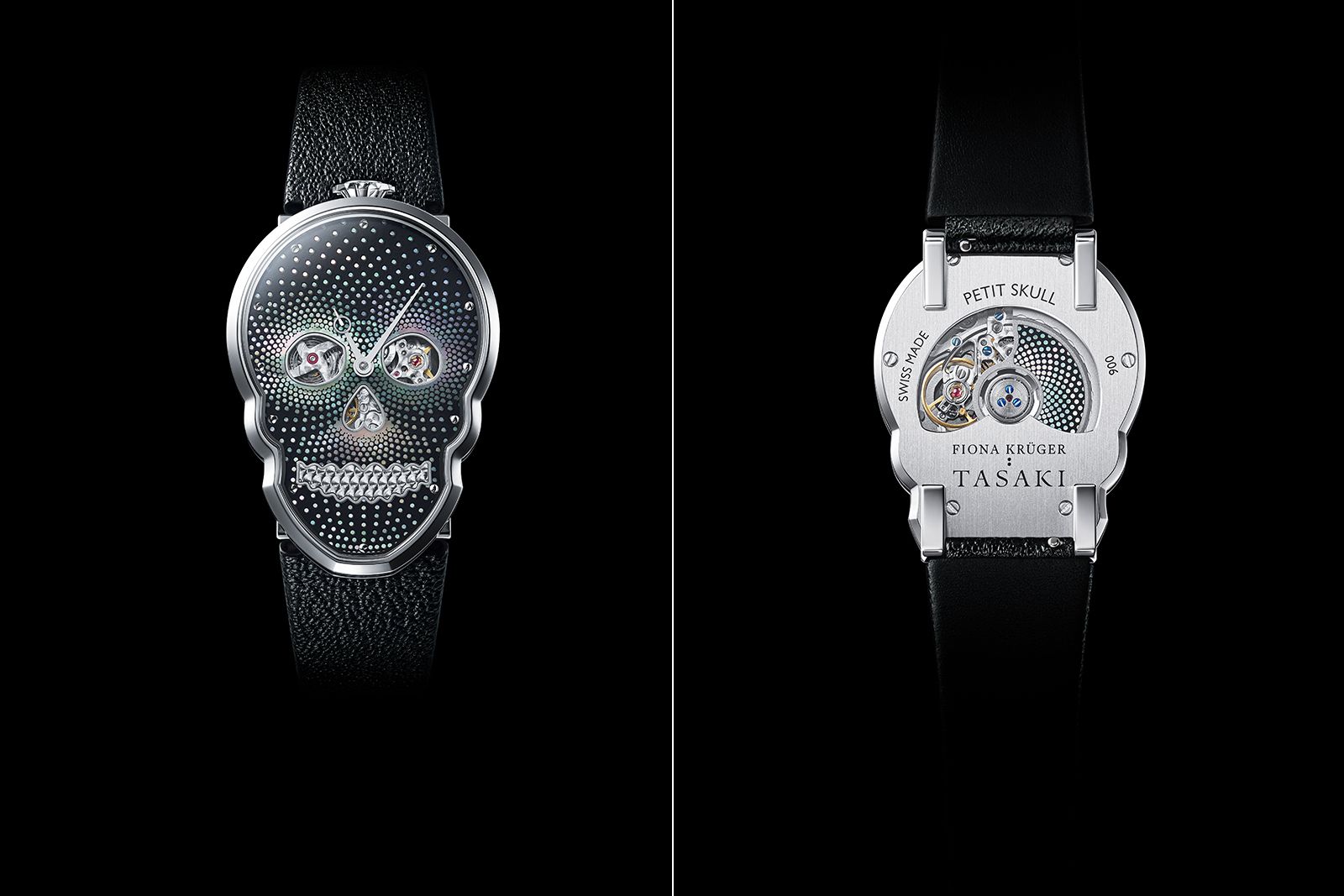 Tasaki x Fiona Krüger Petit Skull watch with grey mother of pearl and an open case back