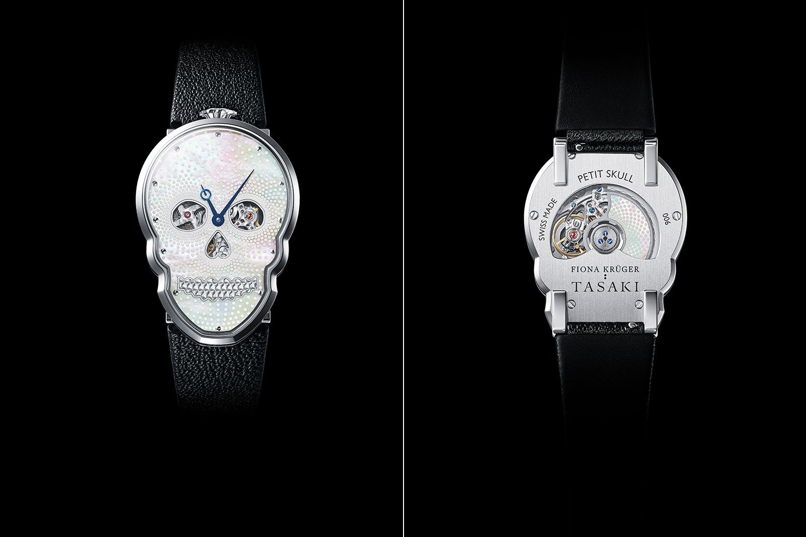  Tasaki x Fiona Krüger Petit Skull watch with white mother of pearl and an open case back