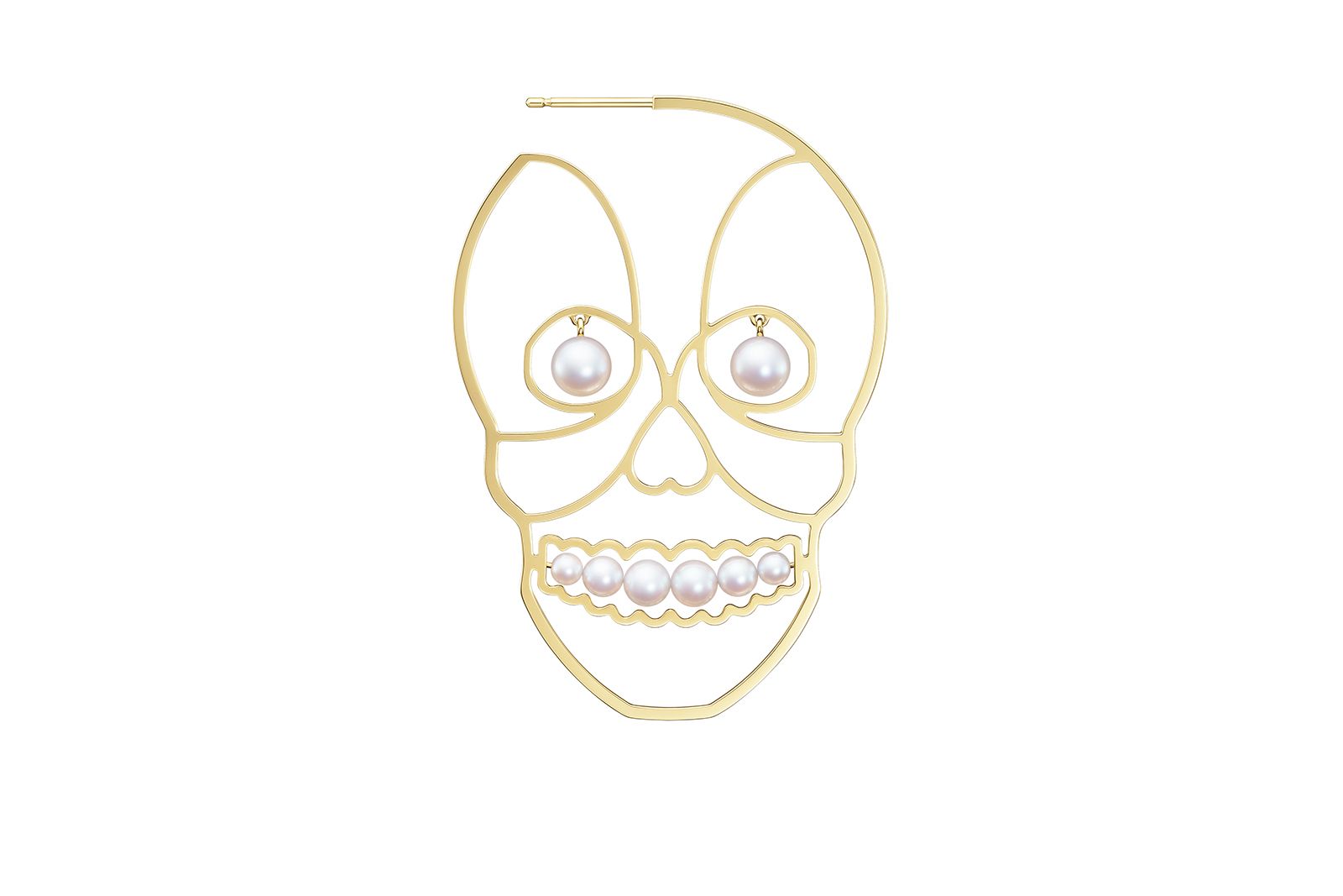 Tasaki x Fiona Krüger Petit Skull earring in yellow gold with white Akoya pearls