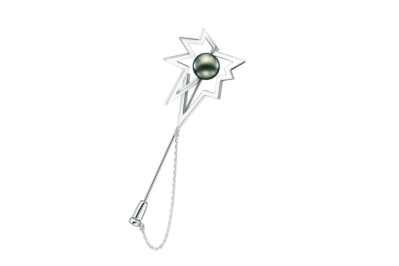  Tasaki x Fiona Krüger Chaos lapel pin in 18k white gold with a black South Sea pearl