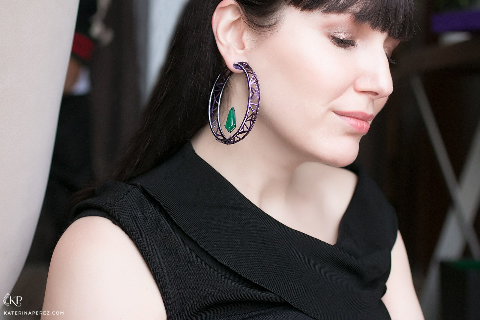 Katerina wearing VMAR hoop earrings in titanium and diamonds