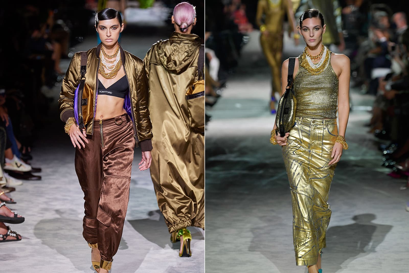  Models walk the Tom Ford SS22 runway extreme layers of necklaces in-keeping with the 'neck mess' trend