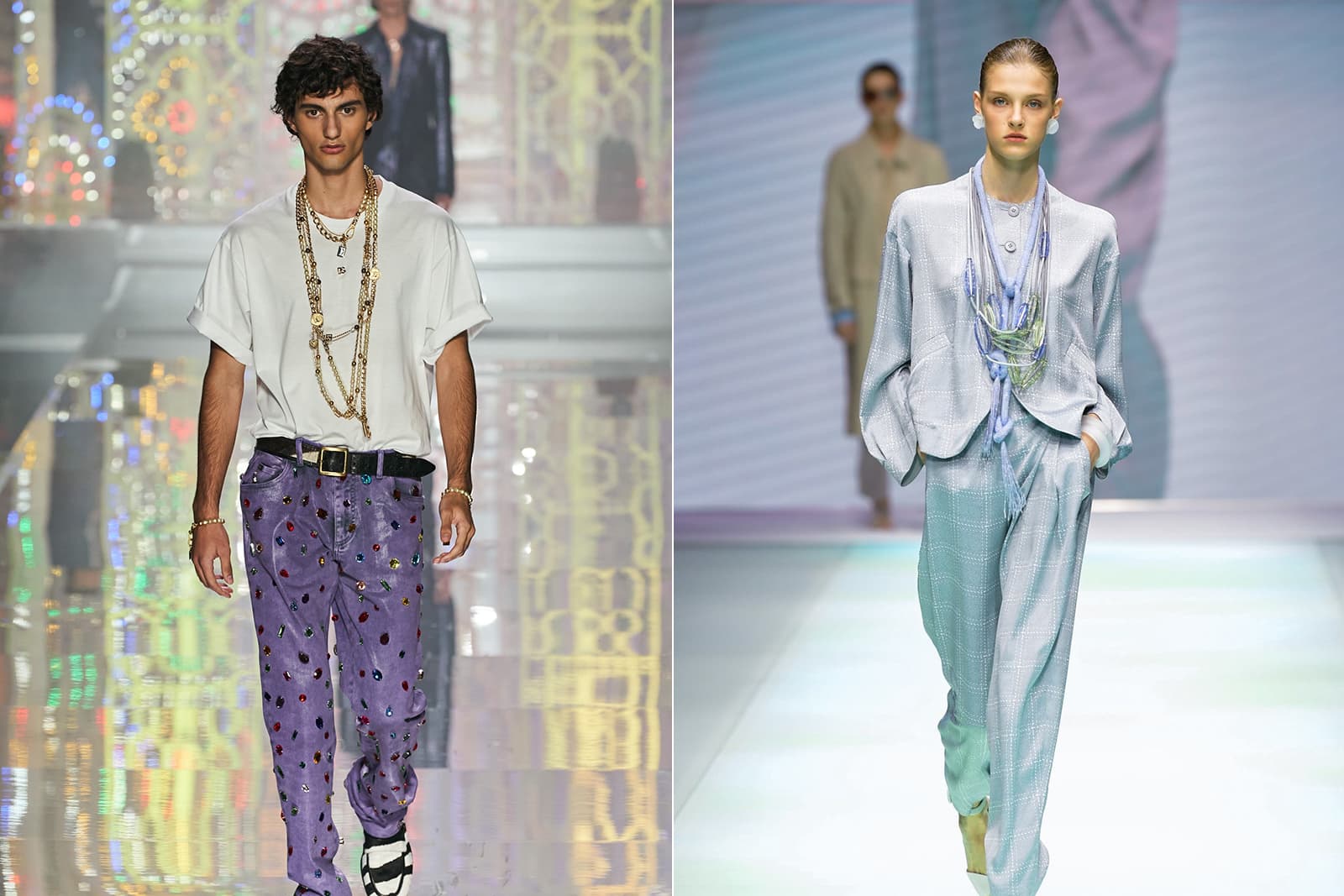  Men and women wearing the 'neck mess' trend at Dolce & Gabbana and Emporio Armani (right)