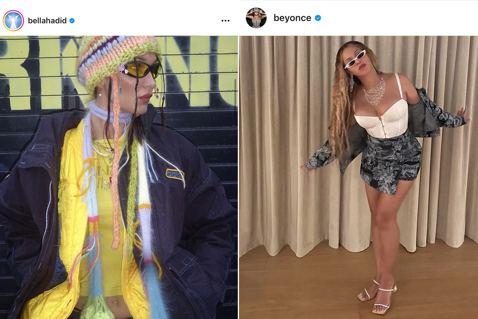  Bella Hadid and Beyoncé wearing layers of necklaces and charms 