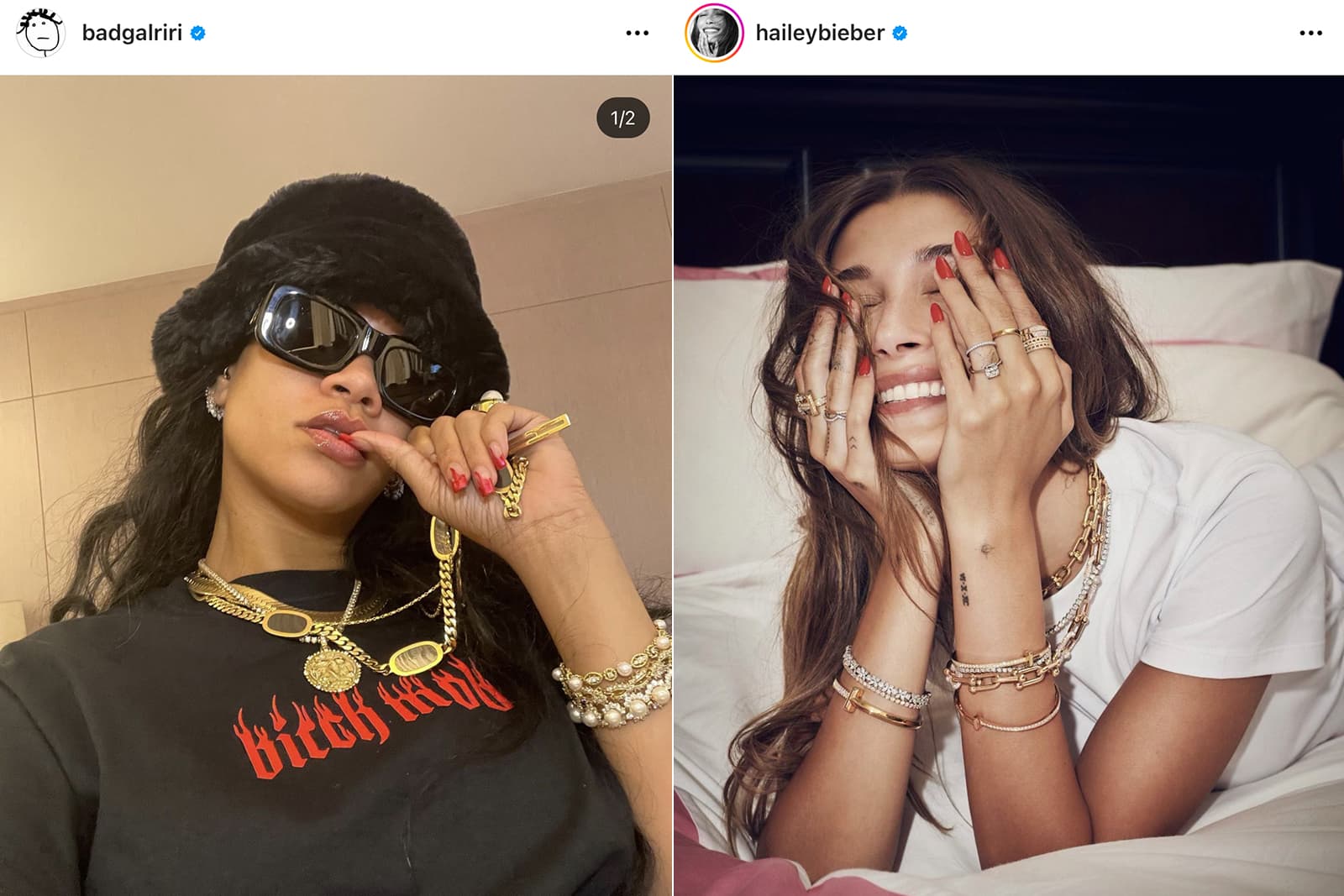  Rihanna and Hailey Bieber wearing layers of gold chains, charm pendants and necklaces on Instagram