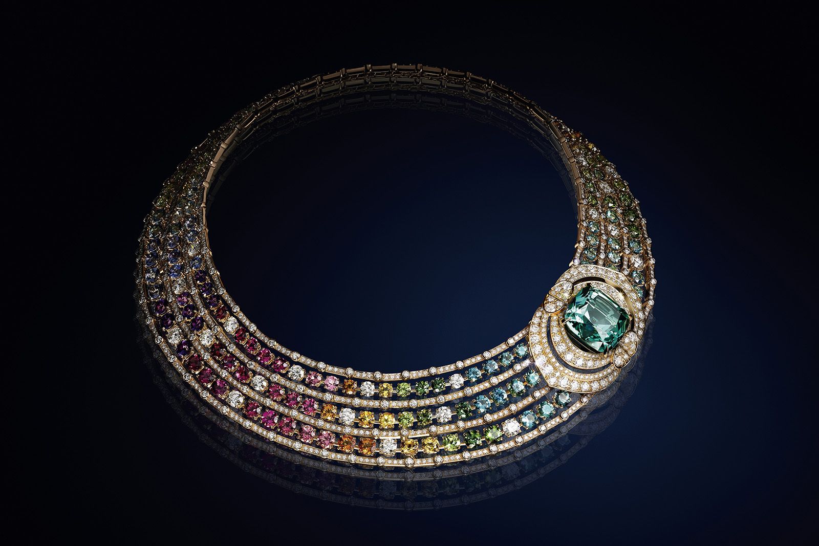 Louis Vuitton Bravery II High Jewellery Multipin necklace in white and yellow gold with a 42.42 carat green-blue tourmaline, an assortment of coloured stones (tourmalines, citrines, peridots, amethysts, aquamarines, iolites, garnets, tanzanites) for 100 carats and 1,011 brilliant-cut diamonds for 36.52 carats