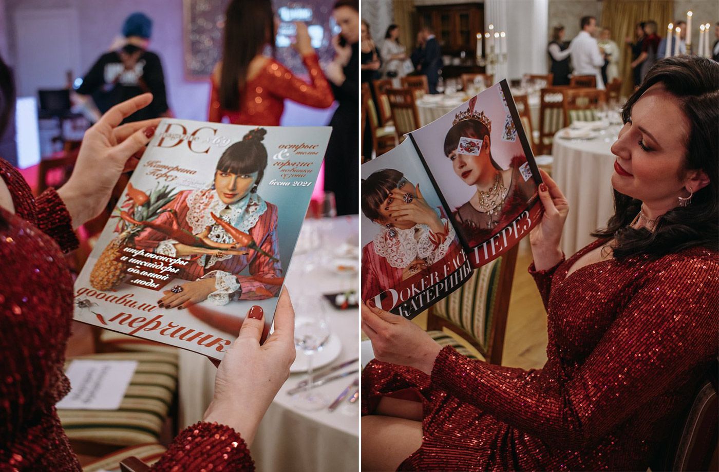 Katerina Perez holds up an issue of DC Magazine that features her photograph on the cover at the DC Awards in St Petersburg