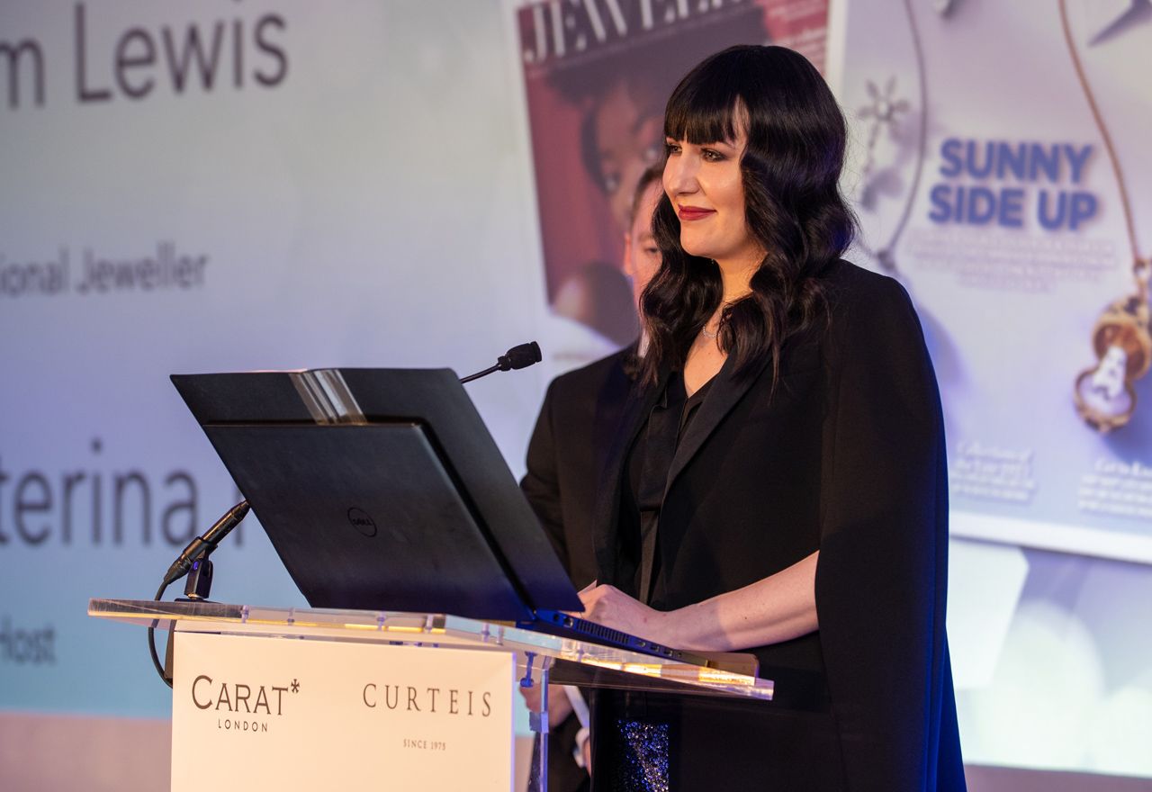 Katerina Perez co-presenting at the Professional Jeweller Awards 2021 in December 2021 in London