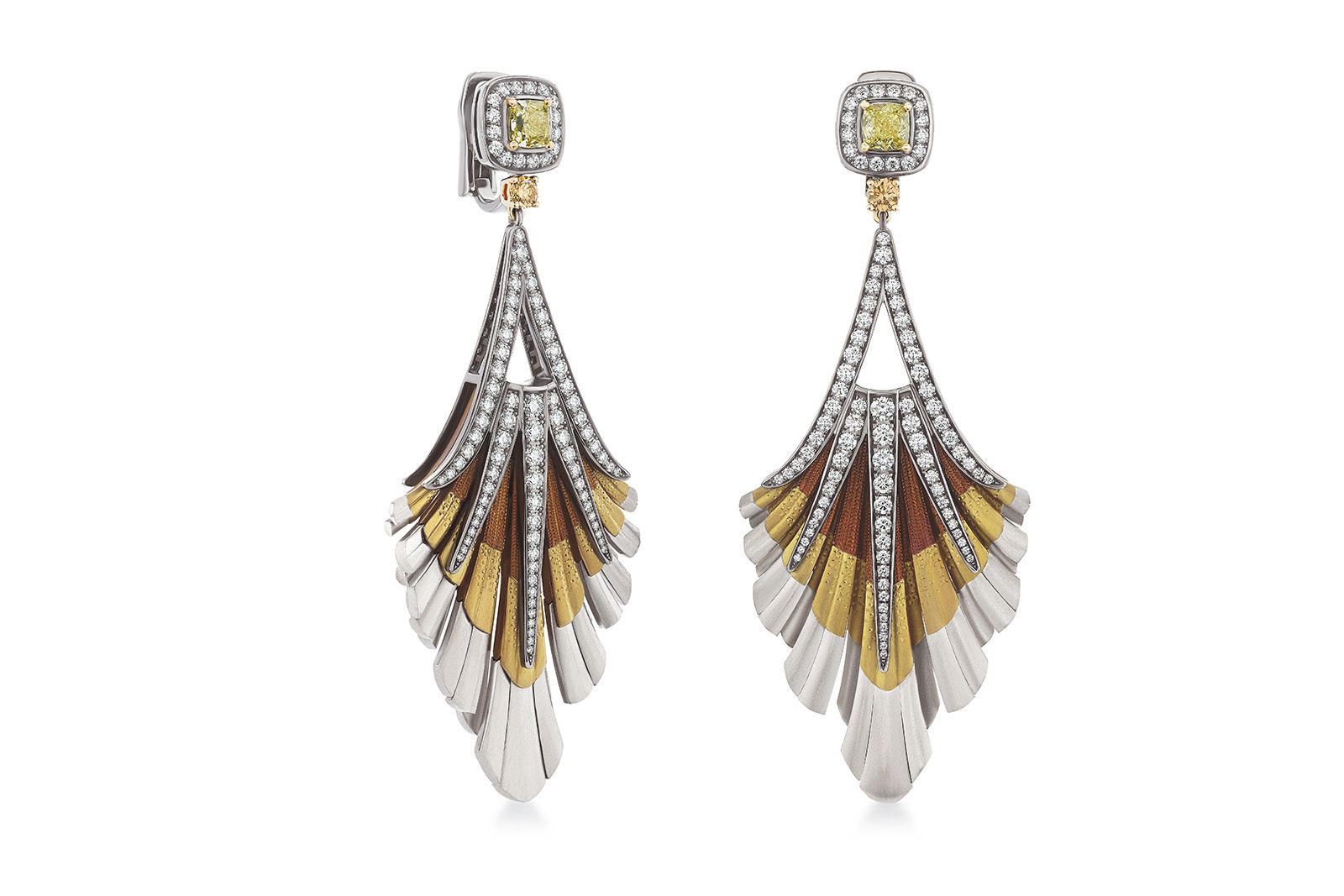  De Beers Jewellers The Alchemist of Light High Jewellery Light Rays Chandelier earrings with fancy yellow diamonds, titanium and white diamonds set against black rhodium-plated gold