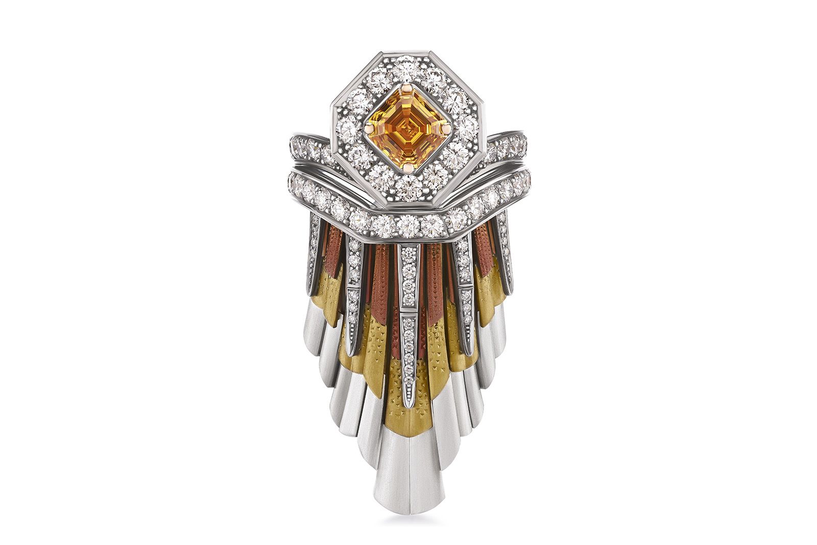  De Beers Jewellers The Alchemist of Light High Jewellery Light Rays Crown ring with a 1.08 carat fancy vivid orange yellow square emerald-cut diamond and detachable Light Rays motif 