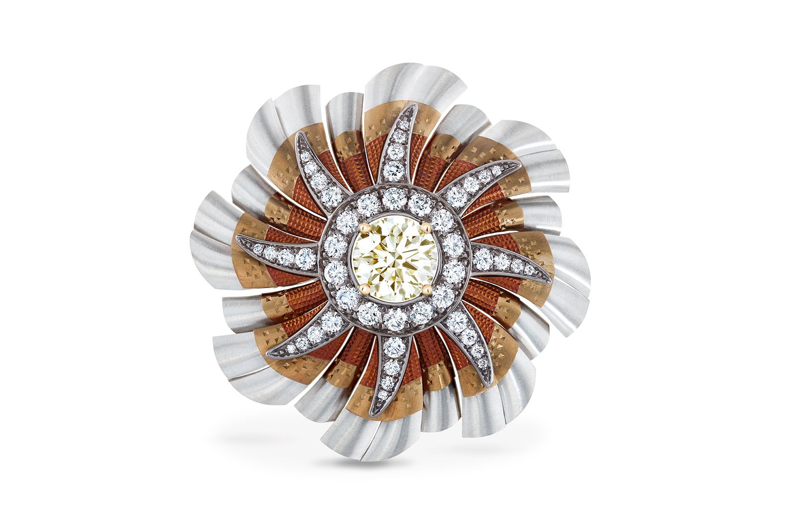  De Beers Jewellers The Alchemist of Light High Jewellery Light Rays Cocktail ring with a fancy yellow diamond and fan-shaped titanium elements 
