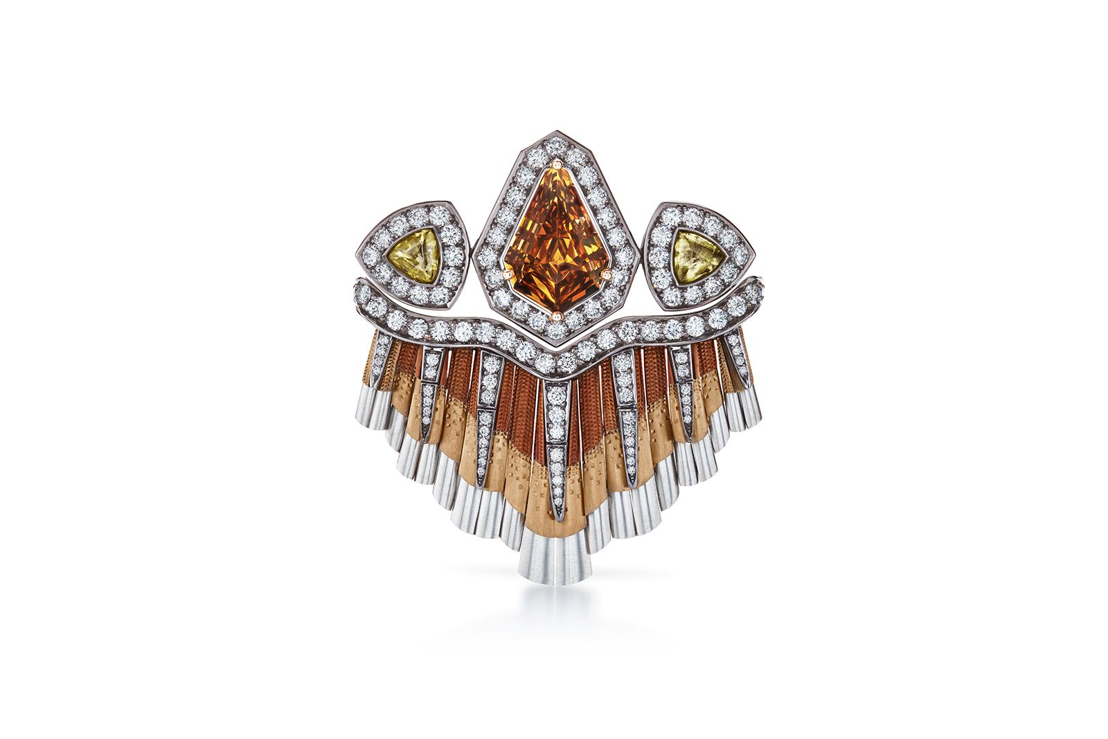  De Beers Jewellers The Alchemist of Light High Jewellery Light Rays Double Crown ring with coloured titanium, white diamonds set against black rhodium-plated gold, and fancy-coloured diamonds 