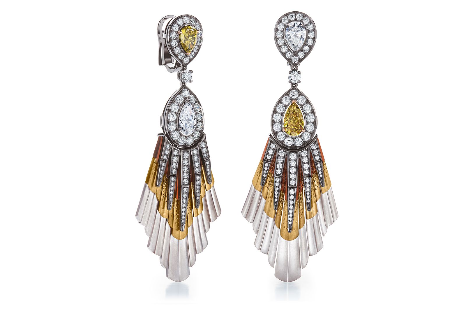De Beers Jewellers The Alchemist of Light High Jewellery Light Rays Fringe earrings with coloured titanium, white diamonds set against black rhodium-plated gold, and fancy-coloured diamonds 