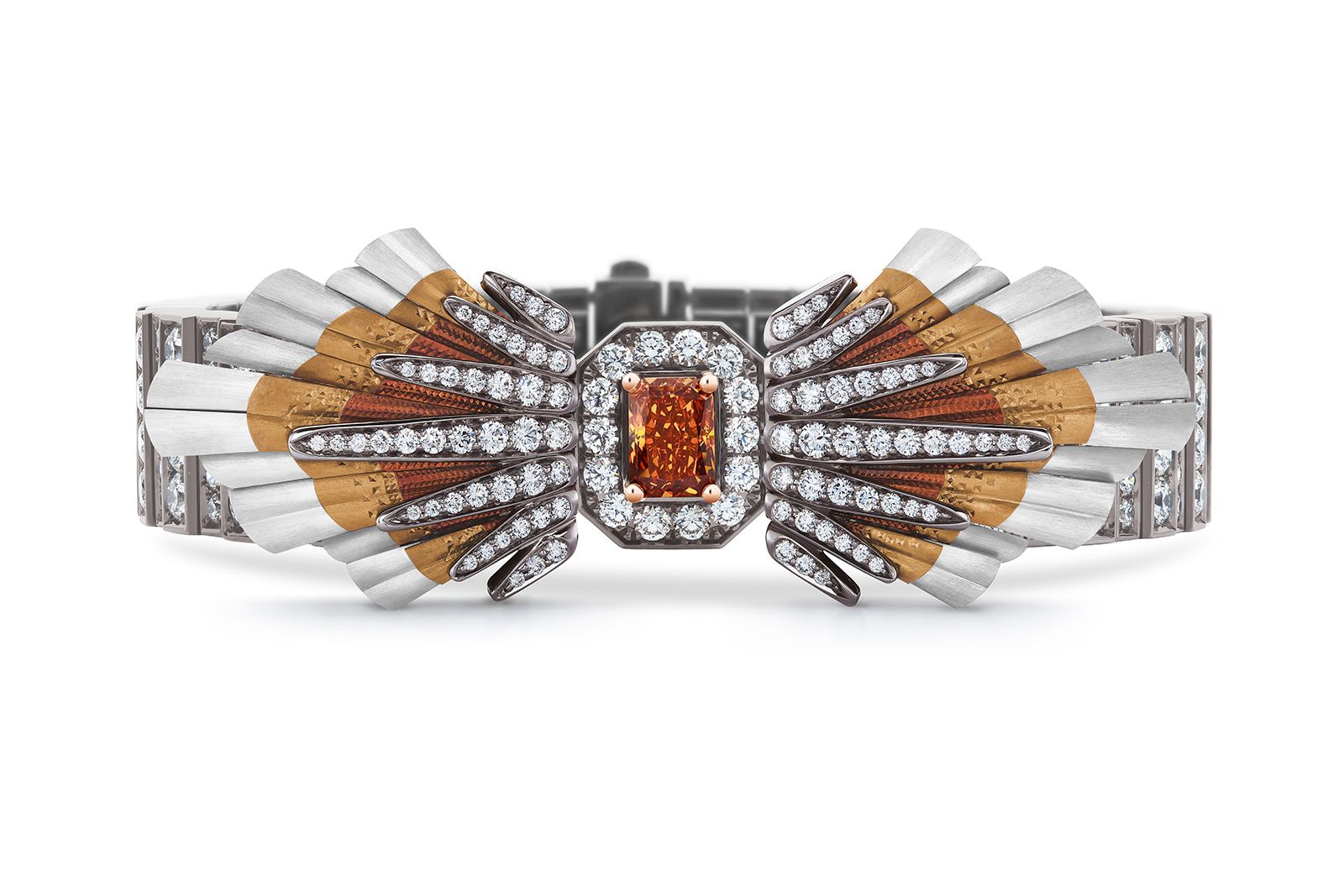 De Beers Jewellers The Alchemist of Light High Jewellery Light Rays bracelet with coloured titanium, white diamonds set against black rhodium-plated gold, and a fancy-coloured diamond centre