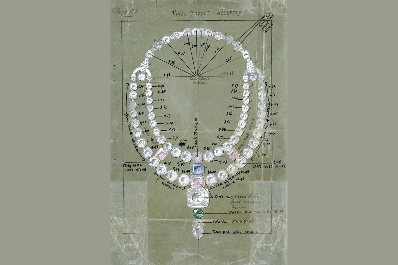  An archival drawing of the 1930s diamond necklace design by Cartier that inspired the producers of Ocean's 8