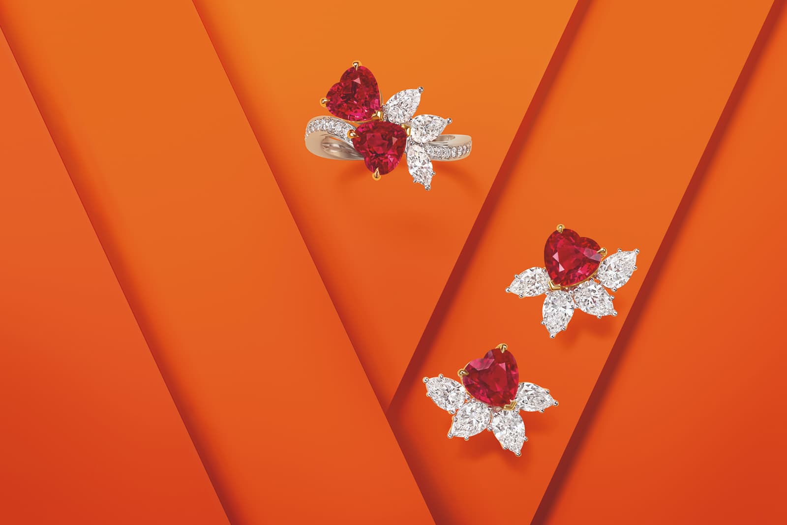  Harry Winston V - Winston Vow Dual Hearts earrings and ring with heart-shaped rubies from the LOVE Collection