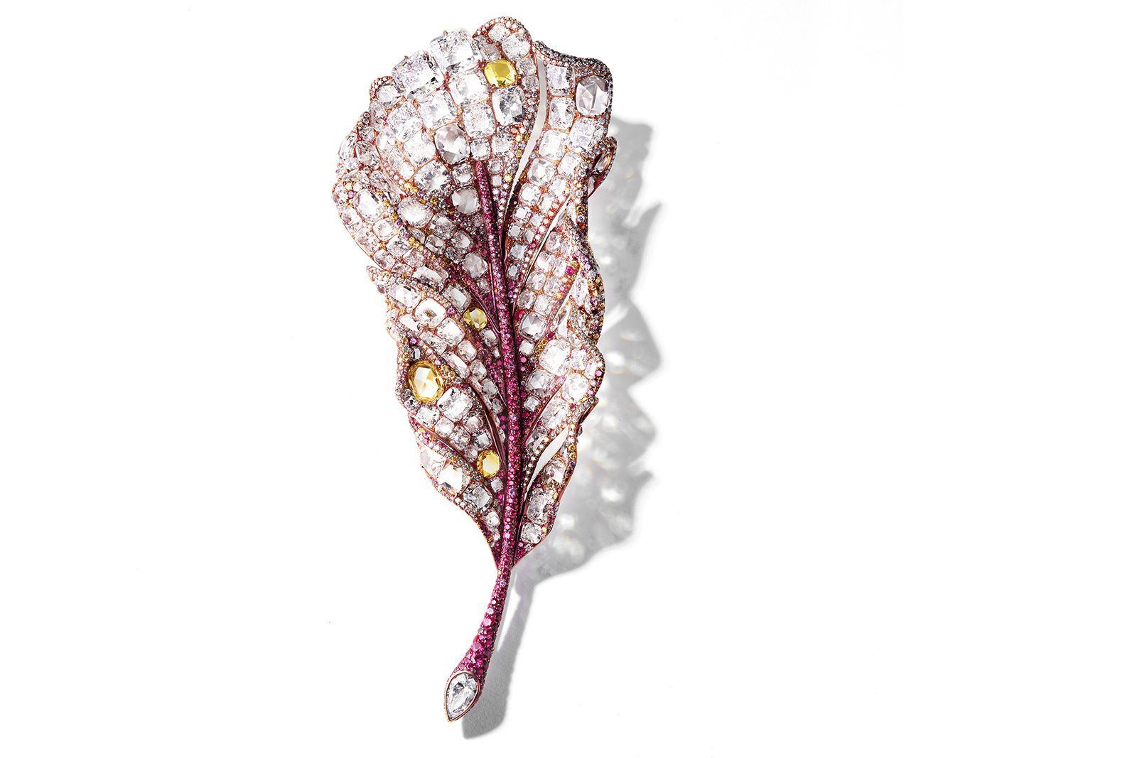 Cindy Chao Feather brooch in pink titanium with rubies, rhodolites, orange sapphires, purple garnets, colourless and yellow diamonds