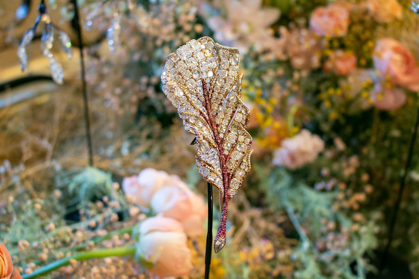 Cindy Chao Feather brooch in pink titanium with diamonds and coloured gemstones