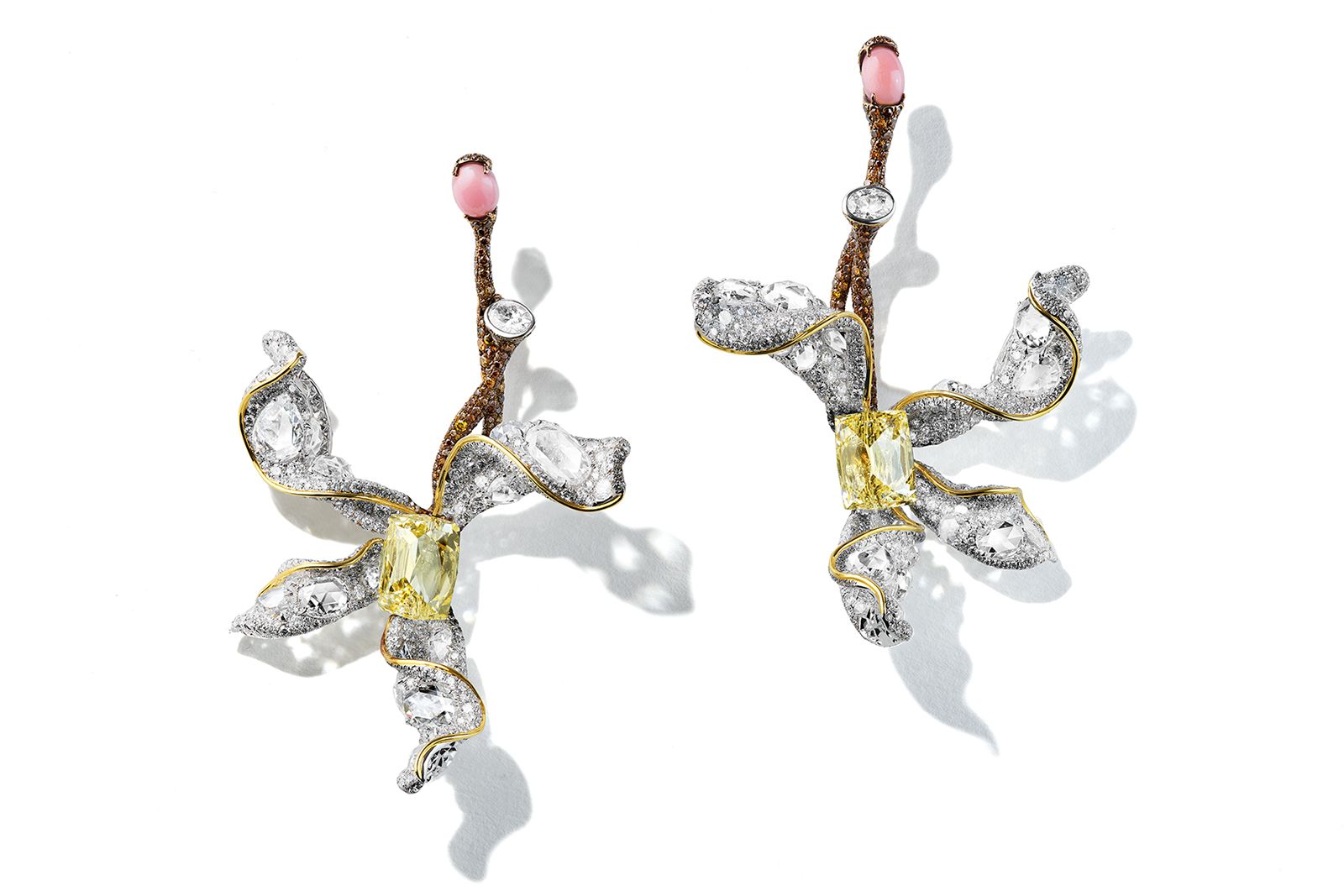  Cindy Chao Magnolia earrings with pink conch pearls and yellow diamonds
