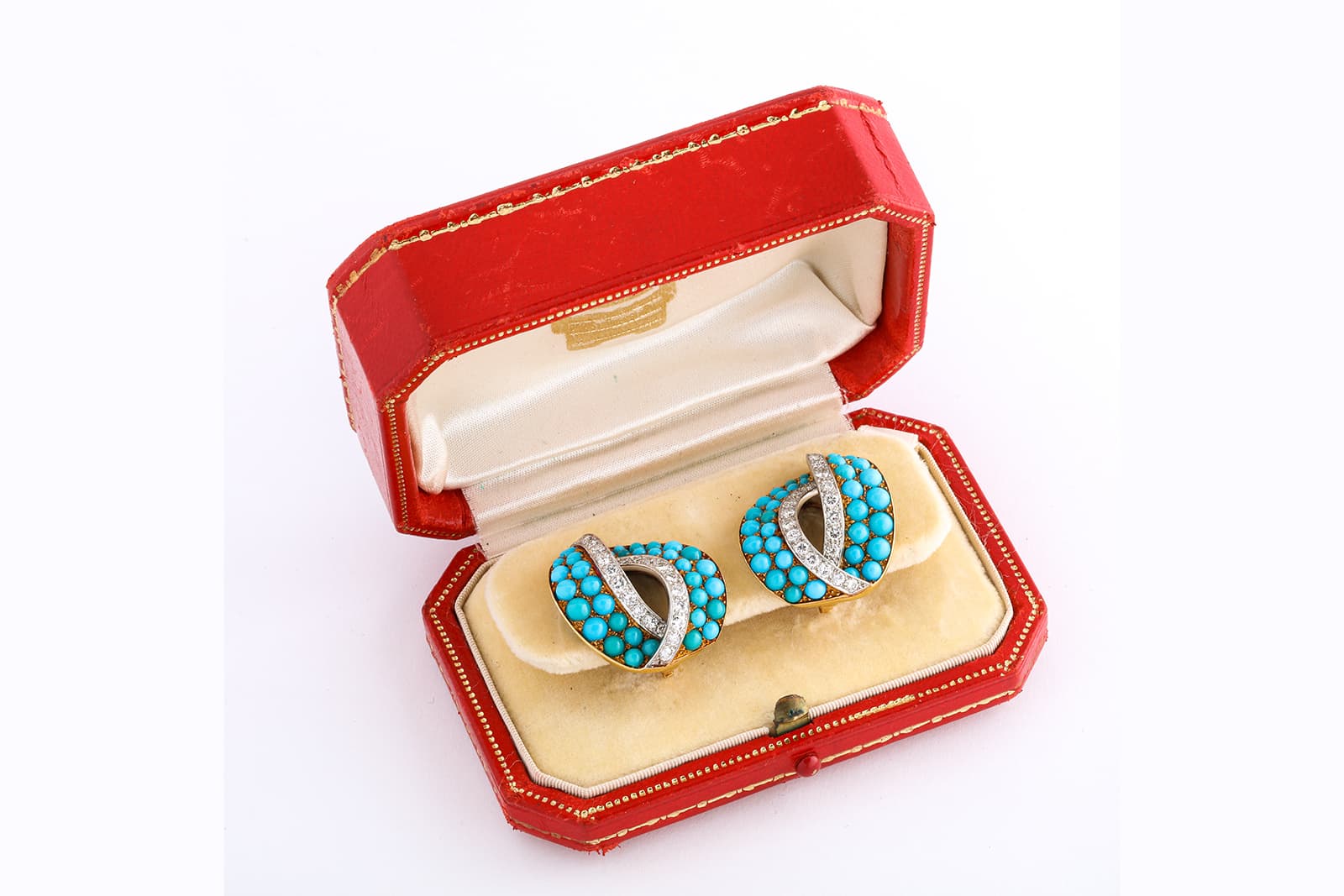  Cartier turquoise and diamond clip earrings set in platinum and gold, sold by A La Vieille Russie