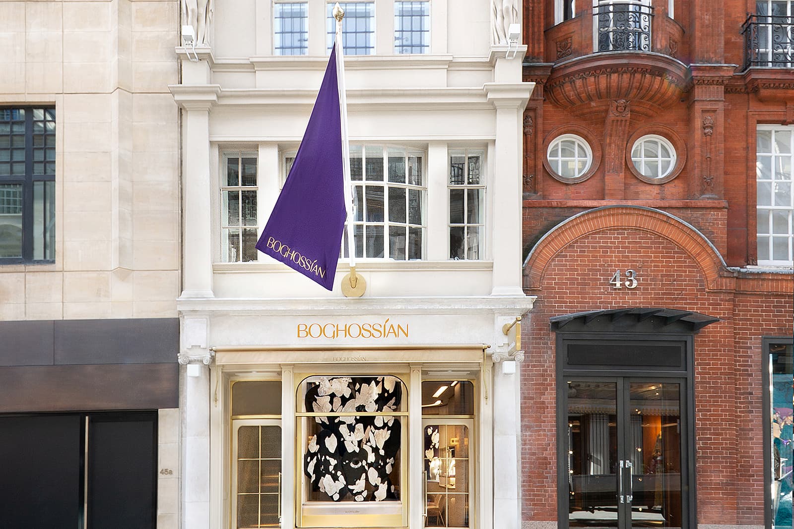  The exterior of Boghossian's London boutique with a purple flag flying