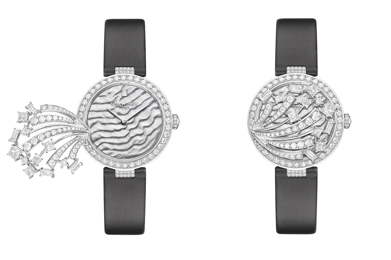Chaumet Déferlante Swiss mechanical self-winding secret watch in white gold set with brilliant-cut, square-cut, baguette-cut and princess-cut diamonds