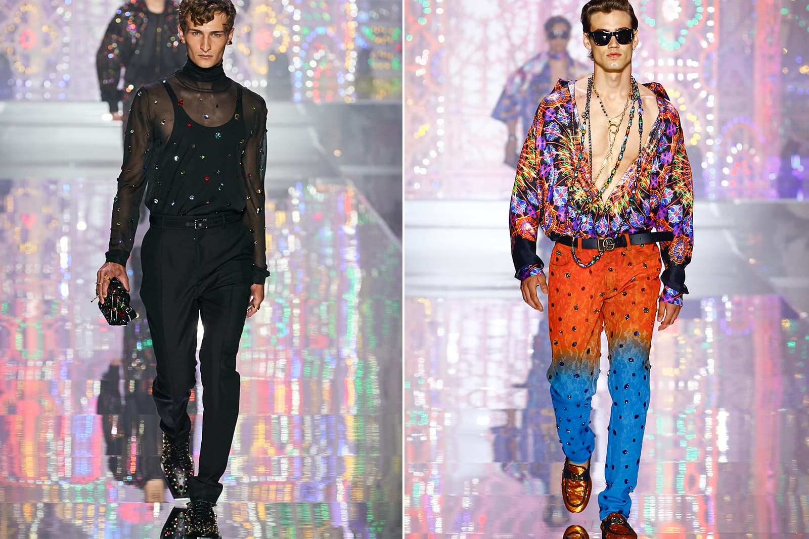  Male models wear clothing adorned with crystals and gemstone-like accents at Dolce & Gabbana SS22