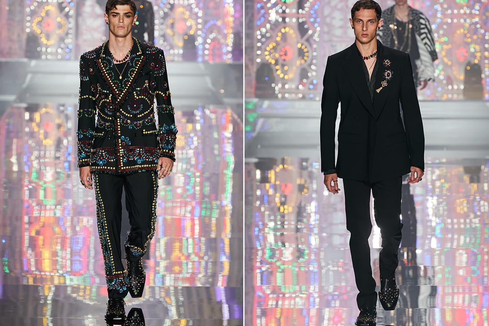  Brooches and coloured crystals on the runway at Dolce & Gabbana for SS22